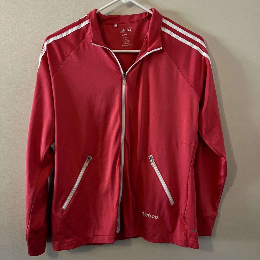 Adidas Pink and White Striped Zip Up Golf Jacket Women's Medium